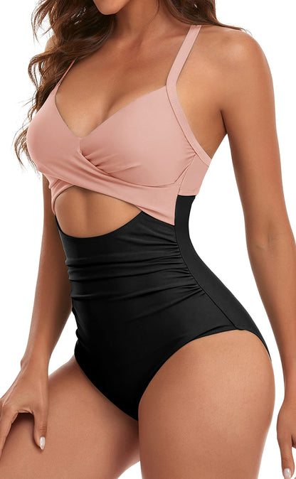Eomenie Women's One Piece Swimsuits Tummy Control Cutout High Waisted Bathing Suit Wrap Tie Back 1 Piece Swimsuit