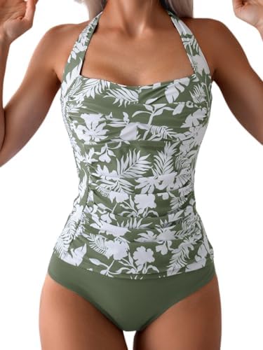 Womens Halter Ruched Tummy Control Two Piece Tankini