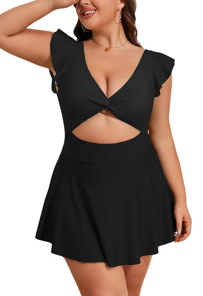 Plus Size Ruffle V Neck Cutout One Piece Swimdress