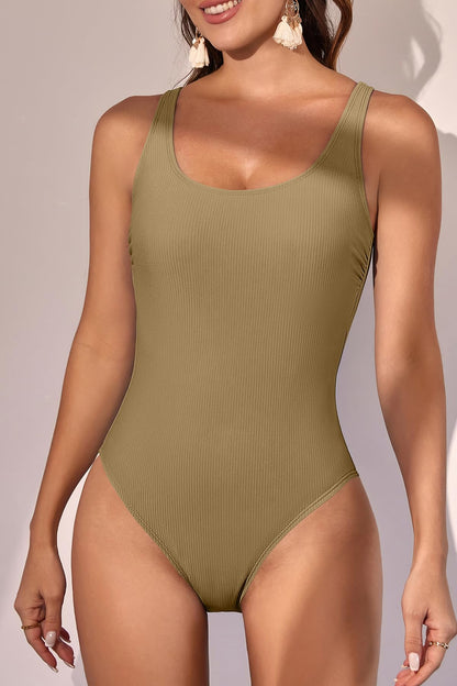Scoop Neck Ribbed Tummy Control One Piece Swimsuits