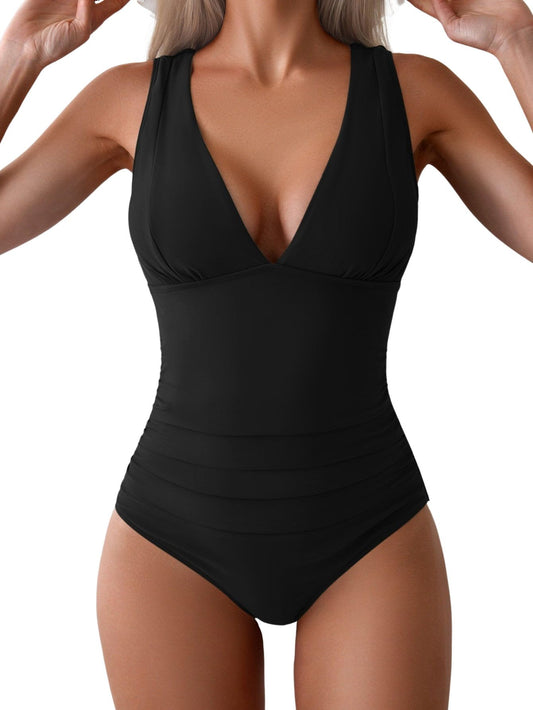 Tummy Control Wide Straps Plunge V Neck One Piece Swimsuit