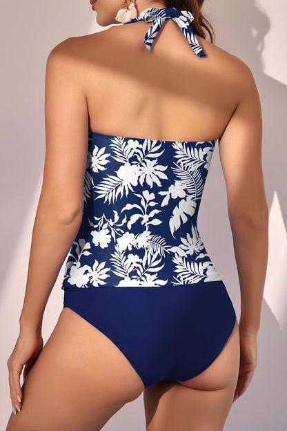 Womens Halter Ruched Tummy Control Two Piece Tankini