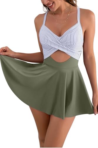 Eomenie Women Cutout One Piece Skirt Swimsuit V Neck Wrap Tie Back Swimdress Tummy Control Bathing Suits