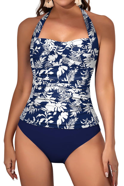 Womens Halter Ruched Tummy Control Two Piece Tankini