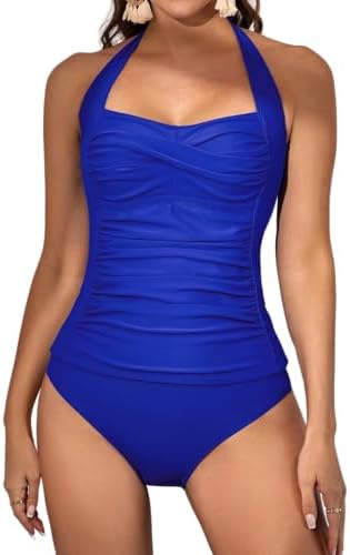 Womens Halter Ruched Tummy Control Two Piece Tankini
