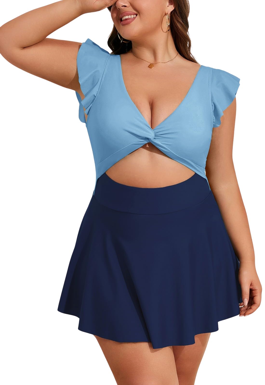 Plus Size Ruffle V Neck Cutout One Piece Swimdress