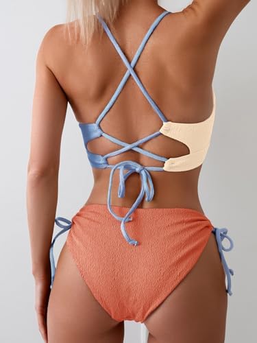 Women's Sexy Bikini Set Color Block Lace Up 2 Piece Bathing Suit Tie Side Swimsuit