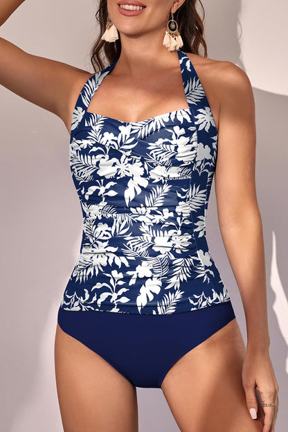 Womens Halter Ruched Tummy Control Two Piece Tankini