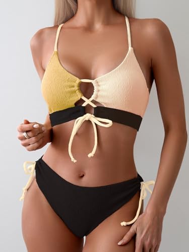 Women's Sexy Bikini Set Color Block Lace Up 2 Piece Bathing Suit Tie Side Swimsuit
