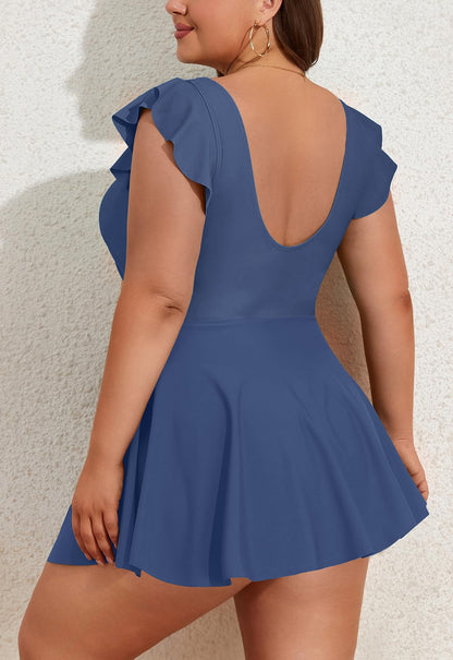Plus Size Ruffle V Neck Cutout One Piece Swimdress
