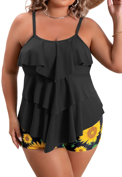 Plus Size Ruffled Flounce Tummy Control Tankini Swimsuits
