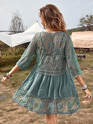 Eomenie Women's Contrast Lace Bathing Suit Cover Up V-Neck Swimsuit Coverups Loose Swimwear Beach Dress Beachwear