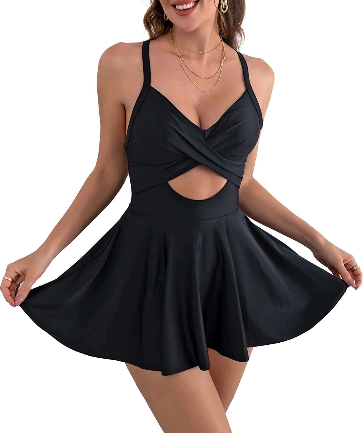 Tummy Control One Piece Bathing Suits Women's High Waisted Swimsuits Summer Vocation Beaches Dress With Cutout