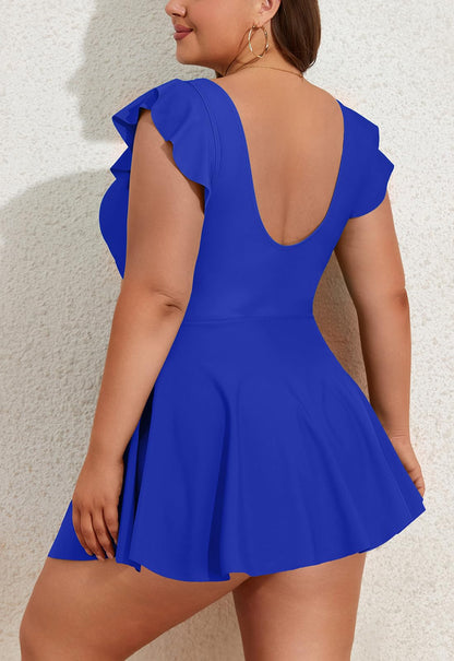 Plus Size Ruffle V Neck Cutout One Piece Swimdress