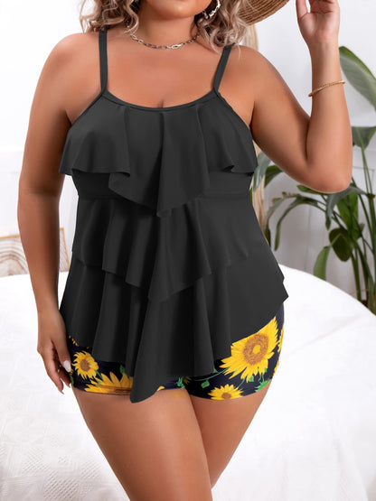 Plus Size Ruffled Flounce Tummy Control Tankini Swimsuits