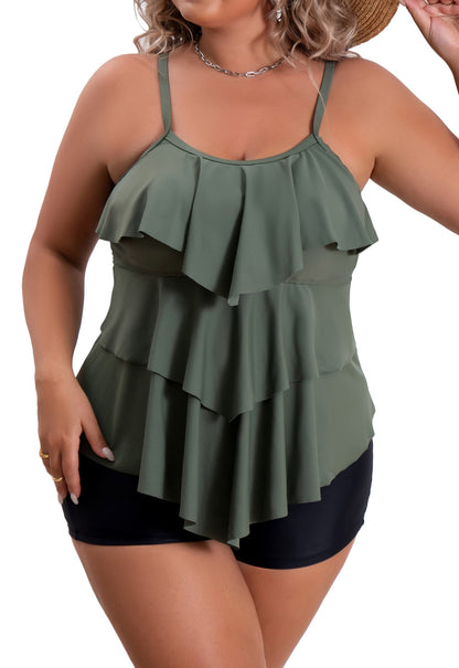 Plus Size Ruffled Flounce Tummy Control Tankini Swimsuits