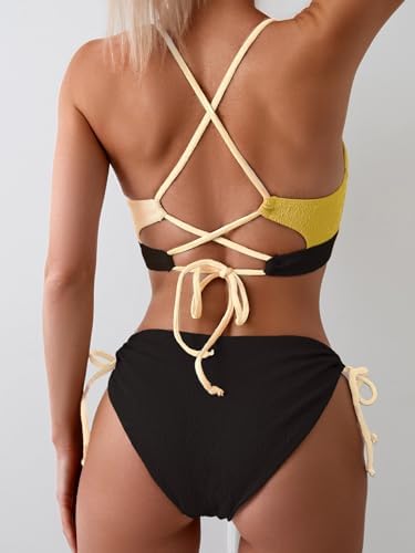 Women's Sexy Bikini Set Color Block Lace Up 2 Piece Bathing Suit Tie Side Swimsuit