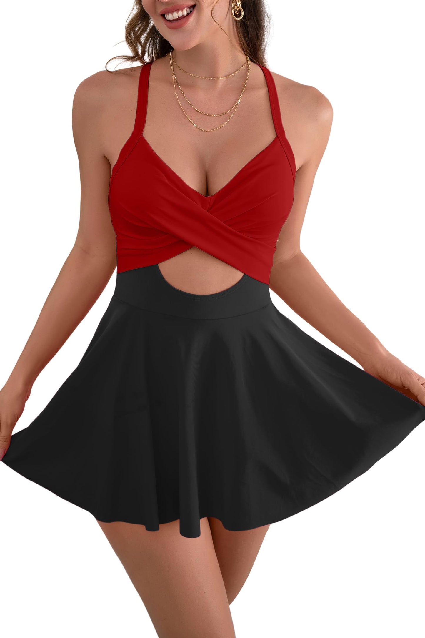 Tummy Control One Piece Bathing Suits Women's High Waisted Swimsuits Summer Vocation Beaches Dress With Cutout