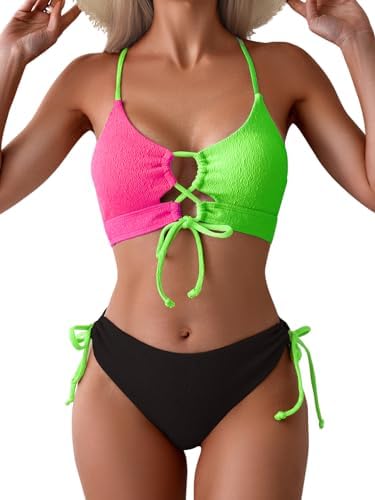 Women's Sexy Bikini Set Color Block Lace Up 2 Piece Bathing Suit Tie Side Swimsuit