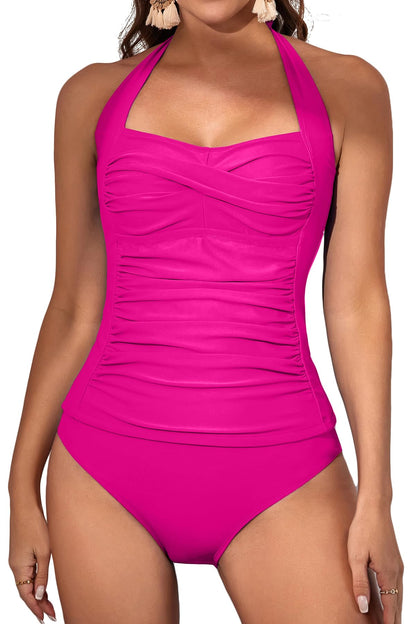 Womens Halter Ruched Tummy Control Two Piece Tankini