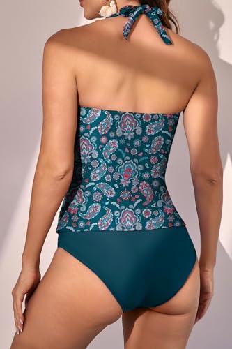 Womens Halter Ruched Tummy Control Two Piece Tankini