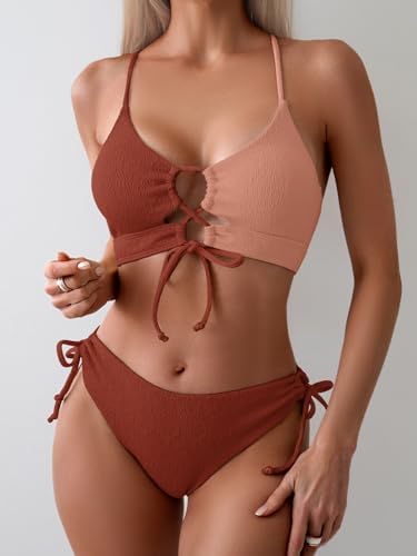 Women's Sexy Bikini Set Color Block Lace Up 2 Piece Bathing Suit Tie Side Swimsuit