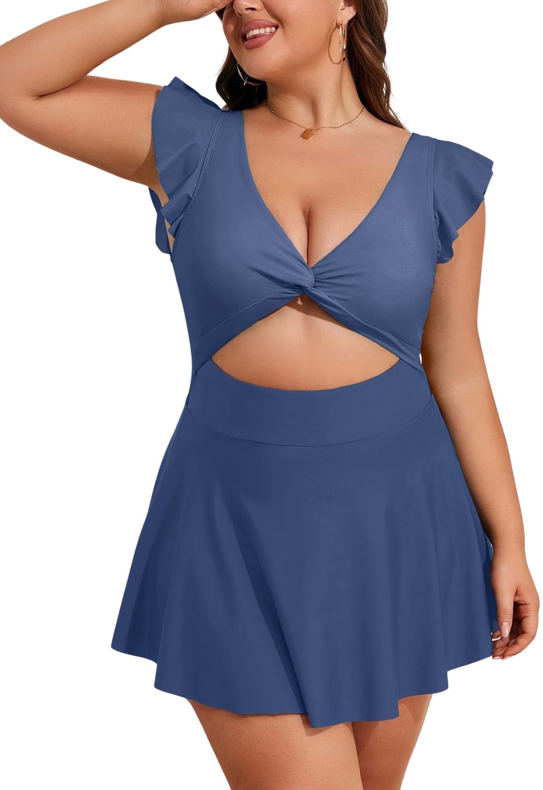 Plus Size Ruffle V Neck Cutout One Piece Swimdress