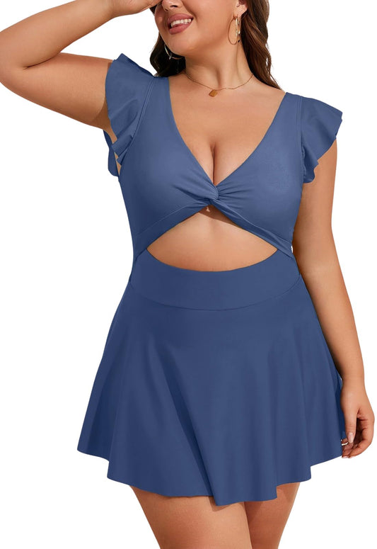 Plus Size Ruffle V Neck Cutout One Piece Swimdress