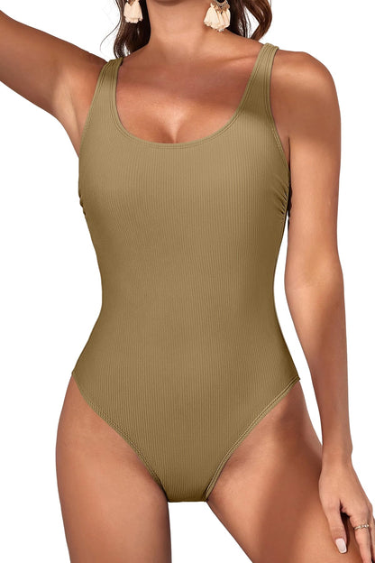 Scoop Neck Ribbed Tummy Control One Piece Swimsuits