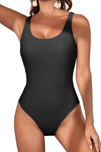 Scoop Neck Ribbed Tummy Control One Piece Swimsuits